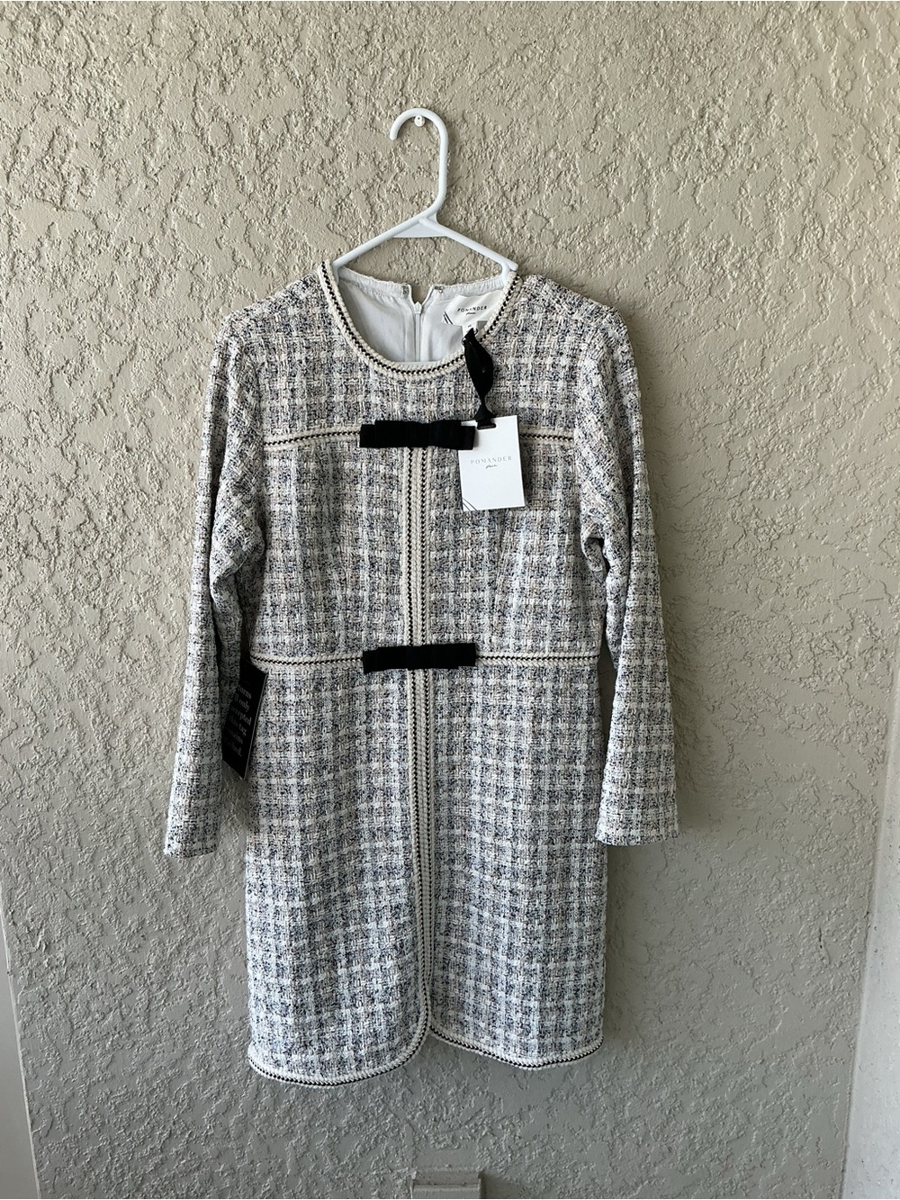 Textured Cream and Black Long Sleeve Tweed Shift Dress